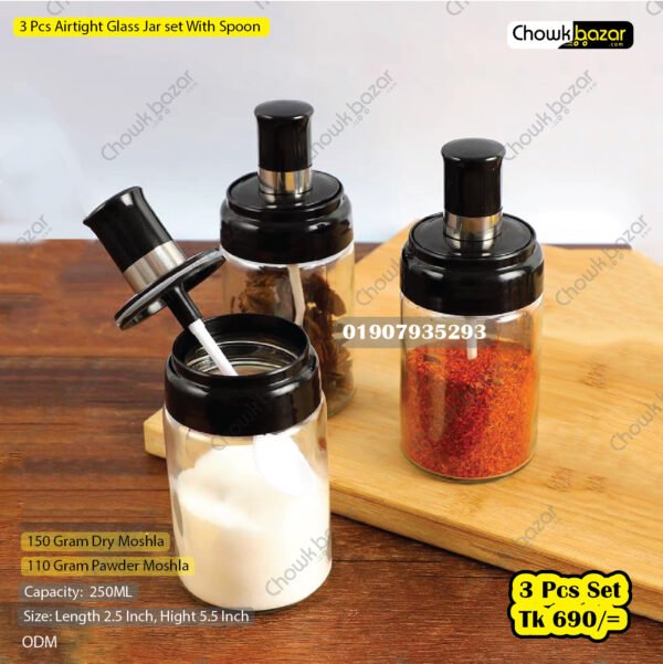 3 Pcs Airtight Glass Jar Set With Spoon - Image 1