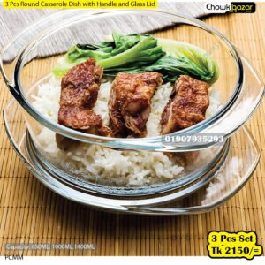 3 Pcs Round Casserole Dish with Handle and Glass Lid