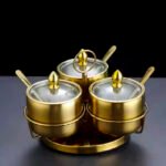 3 Pcs Stainless Steel Golden Spice Jar with Revolving Stand