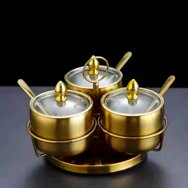 3 Pcs Stainless Steel Golden Spice Jar with Revolving Stand - Image 1