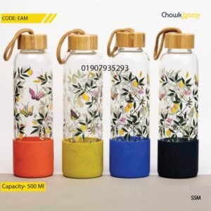 Bamboo Lid Printed Glass Water Bottle- 500 ml