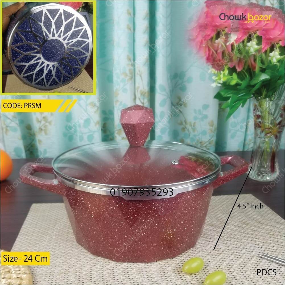 Houchu-Granite-coated-casserole-with-glass-lid-24-cm.jpg Houchu Granite coated casserole with glass lid- 24 cm - Image 1