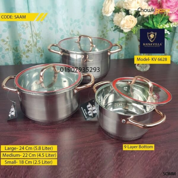 Kaisa villa stainless steel cooking set with lid- 6 pcs (kv 6628) - Image 1