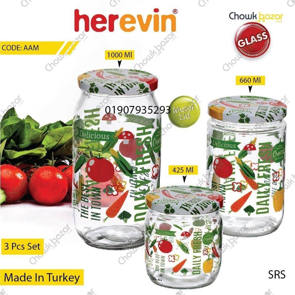 herevin-pickle-jar-turkey-425ml-660ml-1000ml.jpg 3pcs airtight glass jar (Herevin) - Image 1