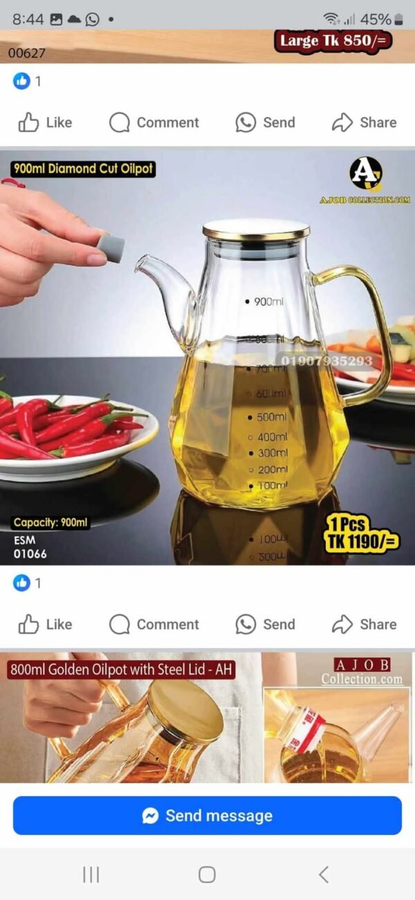 900ML Daimond Cut Oil Pot 01066 - Image 1