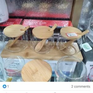 3pc Spice jar with wooden lid, spoon and tray