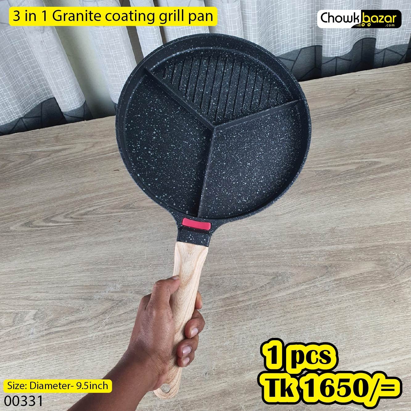 3 in 1 Granite coating grill pan round 1-01 3 in 1 gril pen round black - Image 1